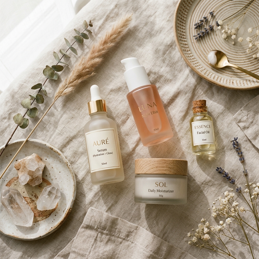 Premium skincare products arranged on a stone surface
