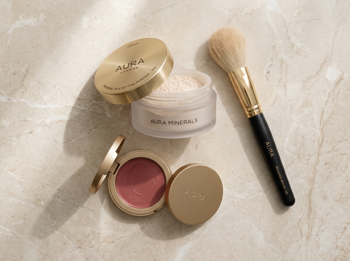 Mineral cosmetic powder and skincare brush flatlay